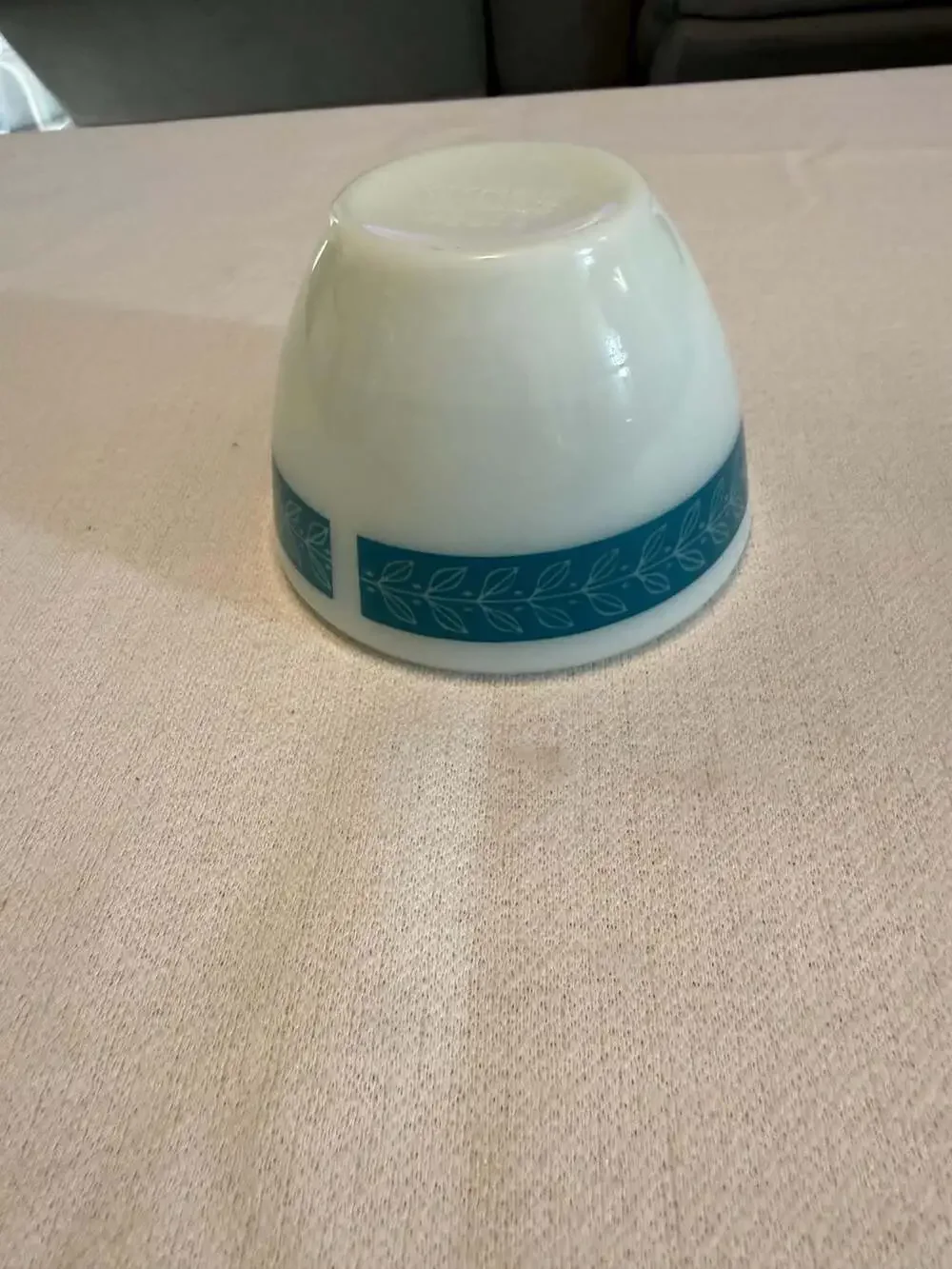 Vintage Pyrex Tableware Milk Glass Individual Bowl with Teal Laurel Leaf Pattern